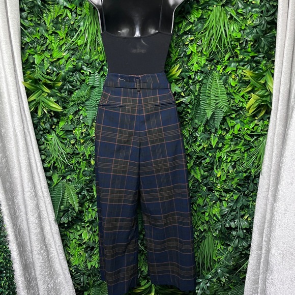 Ann Taylor Dress Pants Womens Size 6 Navy Blue Plaid Wide Leg Crop Belted 3758 - Picture 7 of 10